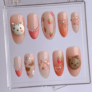 Cute Animal Press On Nails | Adorable 3D Pet Themed Press On Nails | Fun and Whimsical Nail Art | 3D Animal On Fake Nails  | HC71T