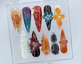 3D Orchid Floral Press On Nails | Almond Fairycore Acrylic HB398AH