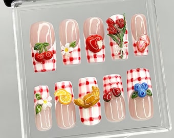 Unghie finte a quadretti per picnic / Nail art 3D con frutta HB946YK