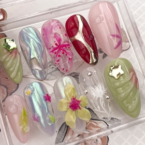 Elegant Floral Press On Nails - Summer nails | 3D Floral Nail Art | Almond Nail  Charms | Y2k Nails | Press Ons | Gift for her | HC24T