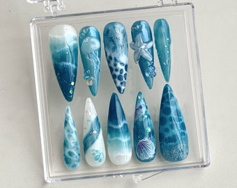 Ocean-inspired Press On Nails | Ocean nailss and Starfish Design On Fake Nails | ocean nails |Jellyfish Pattern on Acrylic nails| HD361T