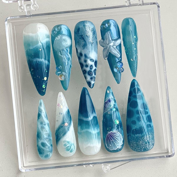 Ocean-inspired Press On Nails | Ocean nailss and Starfish Design On Fake Nails | ocean nails |Jellyfish Pattern on Acrylic nails| HD361T