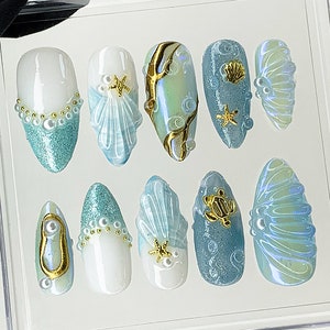 Mermaid Ocean Short Press On Nails |Blue Ocean-Inspired Designs with 3D Starfish Fake Nails |Custom Handmade Nail Art |Beach Nails | HB400YL