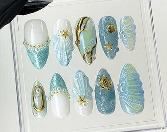 Zeemeermin oceaan amandelnagels | Blauwe oceaan-geïnspireerde ontwerpen Nail Art | Glitterachtige oceanische, 3D-zeesternagels | Aangepaste handgemaakte nepnagels | HB503AL