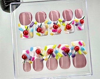 3D Cherry Sprinkle Press On Nails | Dessert Fake Nails HC685YC
