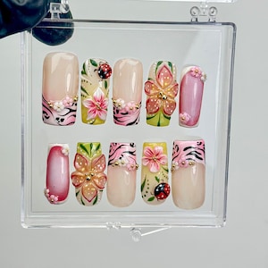 Spring Garden Pink Floral Press On Nails | Handpainted Flowers & Ladybug Design | Pink Zebra French Tips | 3D Beaded Nail Art | HC962EK