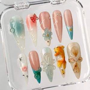 3D Orchard Floral Press On Nails Long Almond | Flowers Custom Hanpainted Nail Art | Fairy Tale Inspired Fake Nails | Fairycore Nails| HB326A