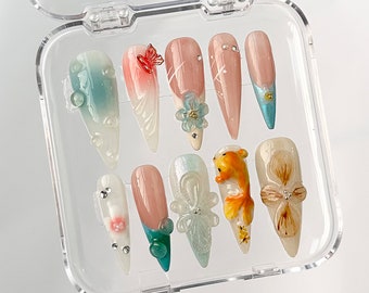 3D Orchard Floral Press On Nails Long Almond | Flowers Custom Hanpainted Nail Art | Fairy Tale Inspired Fake Nails | Fairycore Nails| HB326A