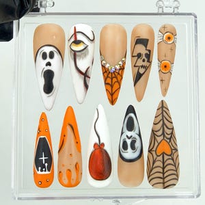 Gothic Halloween Press on Nails Creepy Orange and Black Fake Nails