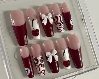 Cherry Blossom Press On Nails | Pink and Red Nail Set | 3D Cherry Design With Bow Charm and Lucky 7 Detailing | Y2k Style Nails | HD311N