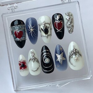 Cool Gothic-inspired Press On Nails | Goth Dark Blue Almond Nails | Acubi - Style 3D Gel Nail  | Handpainted Mysterious Fake Nails | HB371AC