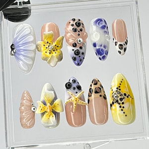 French tips Leopard Press On Nails | Hand-Painted 3D Flower Nail Art | Acrylic Nails |  Gothic nails | Nail for Summer Holiday HB556TL