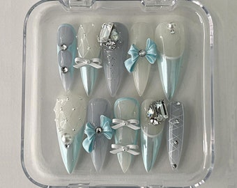 Long Almond Press On Nails | Stunning Blue Nail Set | 3D Design With Bow and Pearl | Kawaii Nails | Fake Nails For Wedding,Birthday | HD275N