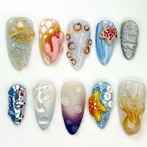 Beachcore Ocean Press On Nails | Cute Sea Creature Fake Nails | Starfish Coral Jellyfish Nail Art | Aquarium Inspired Press Ons | HB901YC
