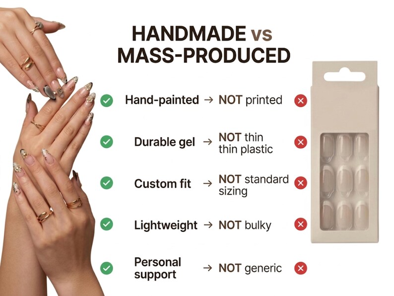 May include: Image comparing handmade and mass-produced nails. The left side shows hands with decorated nails, while the right side displays a package of mass-produced nails. Text highlights differences: hand-painted vs. printed, durable gel vs. thin plastic, custom fit vs. standard sizing.