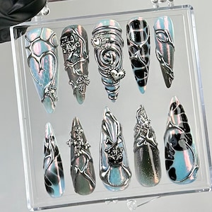 Gothic Black Chrome Press On Nails | Cyberpunk 3D Press Ons | Holographic 3D Fake Nails | Gothic, Y2K, Dark Nail Art | Gothic Nails |HC773YC