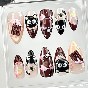Cute Chocolate & Kitty Press On Nails | Adorable 3D Chocolate Cat Fake Nails | Sweet and Stylish Looks Nail Art | Cute Nails | HC673YC