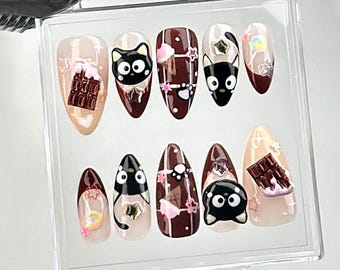3D Chocolate Cat Press On Nails | Kawaii Nail Art HC673YC