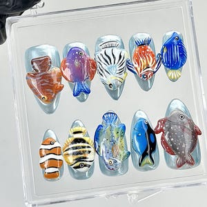 Tropical Aquarium Press On Nails | 3D Fish Aquarium Fake Nails | Ocean Fish Nail Art | Marine Life Press Ons | Kawaii Nails |Unique |HA875YK