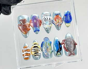 Uñas postizas 3D con diseño de peces tropicales / Arte de uñas artesanal con diseño de acuario oceánico / HA875YK