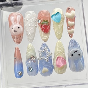 Cartoon Miffy Press On Nails | Heartbeat Nails Press On | Pink 3D Nail Art | Strawberry Fake Nail | Bunny Kawaii Nail Polish | HB411Y
