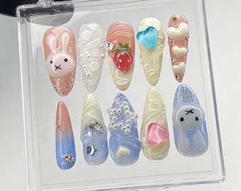 Cartoon Miffy Press On Nails | Heartbeat Nails Press On | Pink 3D Nail Art | Strawberry Fake Nail | Bunny Kawaii Nail Polish | HB411Y