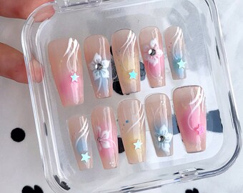 Ombre Kawaii Press On Nails | Feminine Charm: Ombre Nail Art with Sparkle for Any Occasion| Cute Press On Nails | Fake Nails | HC04