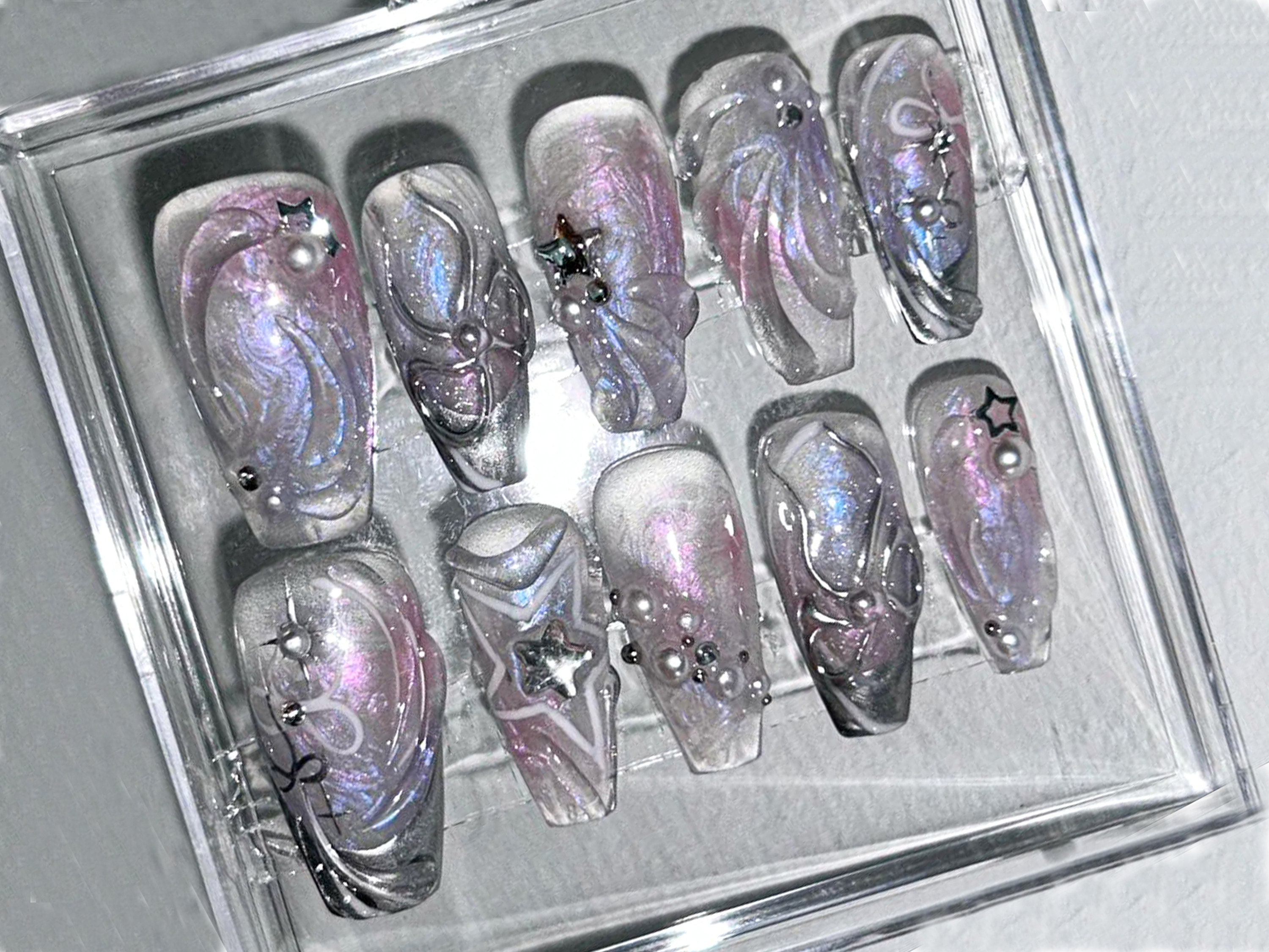 Luxury Press on Nails Milky White Rhinestones Accent Glitter Christmas Nail  Art Gems Coffin Stiletto False Nails 