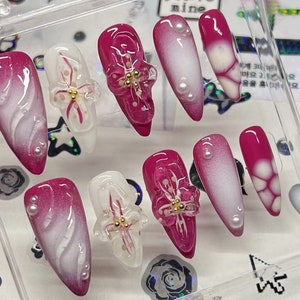 Floral Delights Press On Nails | Elegant Floral Gel Nails | Fairy Tale Flowers Press On Nails | Freestyle Pink Garden Almond Nails | HB06
