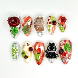 Kawaii Cat Press On Nails | 3D Ladybug Charm, Harajuku Fake Nails | HB846YC