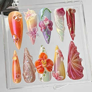 Orchid Blossom Press On Nails | Pearl beads and Butterfly Nail Art | orchid nails | Fake nails | Nail Charms | Press Ons | nails |  HB526TV