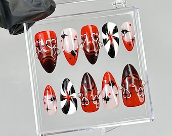 Gothic Harlequin Press On Nails | Horror Circus Almond Nail Art | HB748YC