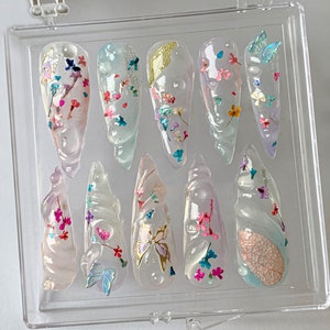 Floral 3D Press On Nails | Press Ons | Secret Garden Long Almond Press On Nails | Fairy Colorful Sparkling Nail Art| Fake Nails | HB314TK