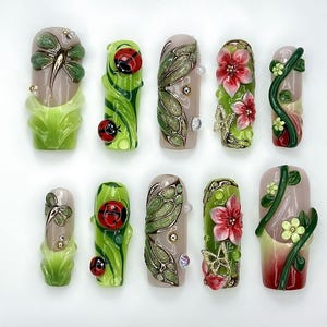 Enchanted Forest Garden Press On Nails | 3D Ladybug & Dragonfly Nails | Botanical Nature Nail Art | Red Floral Green Vine Nails |HB1004EK