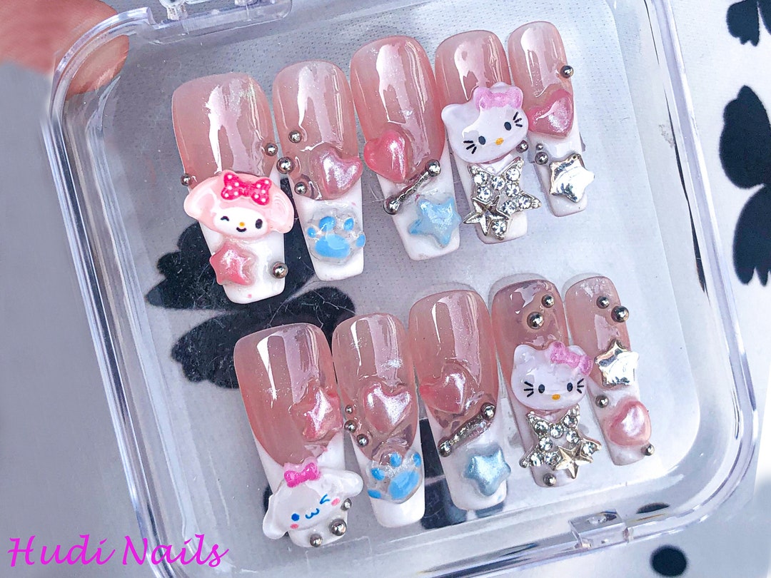 Sweet Hello Kitty Press On Nails Luxurious Nail Art Trendy Nails Adorable Heart And Silver Star 9496