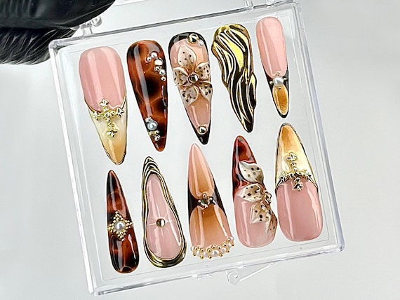 nails with gold dress Golden Blush  3D Pink & Press-On Pearls Prom Nails by Dress Color:
