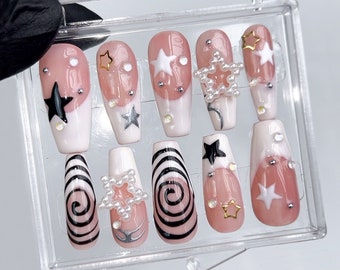 Pink Star Press On Nails | Kawaii Black Swirls, Short False Nails HC261A