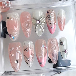 Romantic Pastel Press On Nails | Silver Hearts Nail Art and 3D Bows-Handcrafted Press On Nails Set | Gift for her | Y2k Nails | HC238T