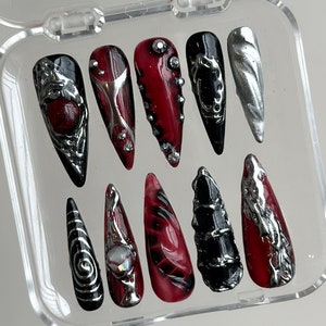 Hand-Painted Free-Style Press On Nails | Silver Metallic Crystal Long Stiletto | Custom Chrome Fake Nails | Y2K, Goth, Gothic Nails | HD295N