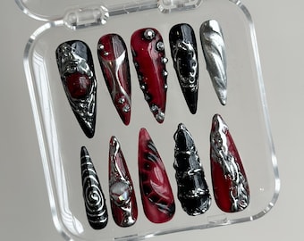 Hand-Painted Free-Style Press On Nails | Silver Metallic Crystal Long Stiletto | Custom Chrome Fake Nails | Y2K, Goth, Gothic Nails | HD295N