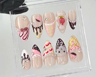Kawaii Dessert Press On Nails | Handmade Cake & Ice Cream Nail Art| HC728YC