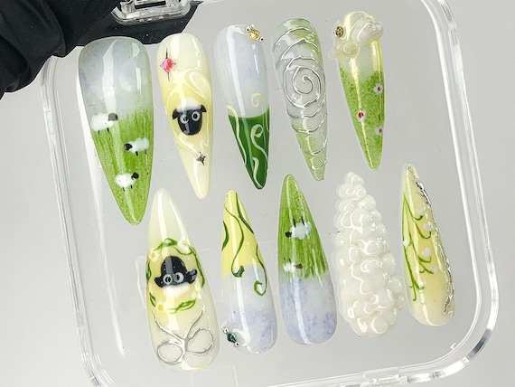 Cute Sheep Press On Nails | Custom Pastel Green Animal Handpainted Nail Art | 3D Gel Nail Designs | Watercolor in Fake Nails | HC418AM