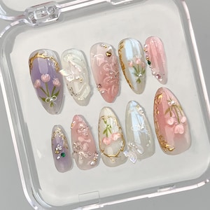 Dreamy Press On Nails Almond | Jelly Pastel Tulip Nail Art | 3D FairyCore Flower Press Ons | Romantic Nail Art in Fake Nails | HD347N