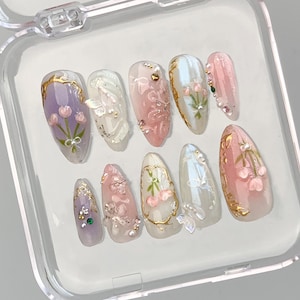 Dreamy Press On Nails Almond | Jelly Pastel Tulip Nail Art | 3D FairyCore Flower Press Ons | Romantic Nail Art in Fake Nails | HB347NC