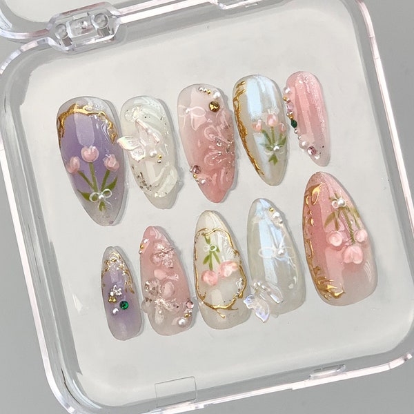 Ongles pressés Dreamy Amande | Nail Art tulipe pastel en gelée | Fleurs 3D FairyCore à presser | Décoration d'ongle romantique en faux ongles | HD347N