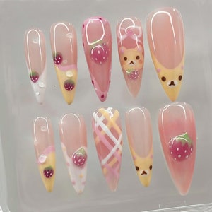 Kawaii Bear Strawberry Press On Nails | Cute Animal Fruit Nail Art | Pastel Pink Strawberry Fake Nails | Fun Fruit Nail Polish | HC505Y