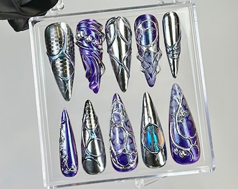 Gothic Stiletto Press On Nails | Silver Embellishments | HC771YC