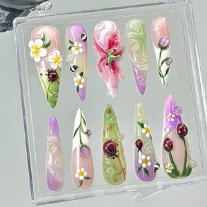 Ladybug Spring Floral Press On Nails | Spring Floral Cottagecore Nails | Spring Nature Design Nail Art | Wildflower Fake Nails  | HB857YC
