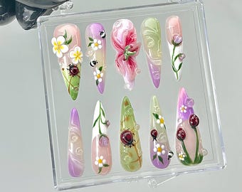 3D Ladybug Floral Press On Nails | Cottagecore Spring Nail Art | HB857YC