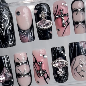 Galactic Elegance Press On Nails | Black Pink Nails with Planet Charm | Bow 3D Gel Designs | Heart Chrome Nail Set | Goth,Y2K Nails | HC267T